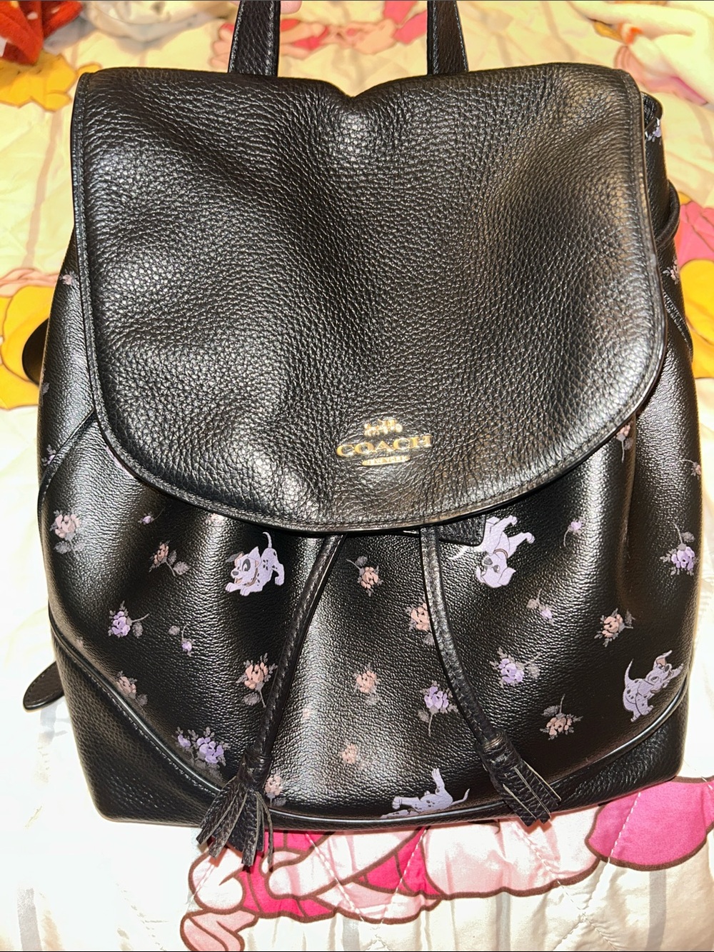 101 Dalmatian Coach Black Leather Backpack with Lavender & Floral Print - Picture 2 of 16